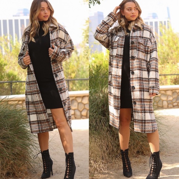 Plaid Collared Long Shacket with Pockets - Picture 3 of 5